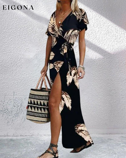 Short sleeve front slit printed dress 23BF Casual Dresses Clothes Dresses Summer