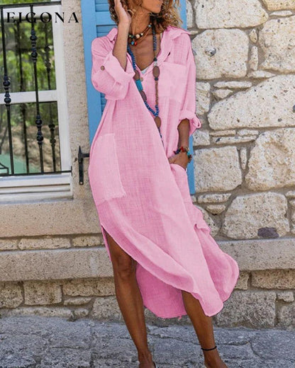 Solid color long sleeve shirt dress Pink 23BF Casual Dresses Clothes Cotton and Linen Dresses Spring Summer