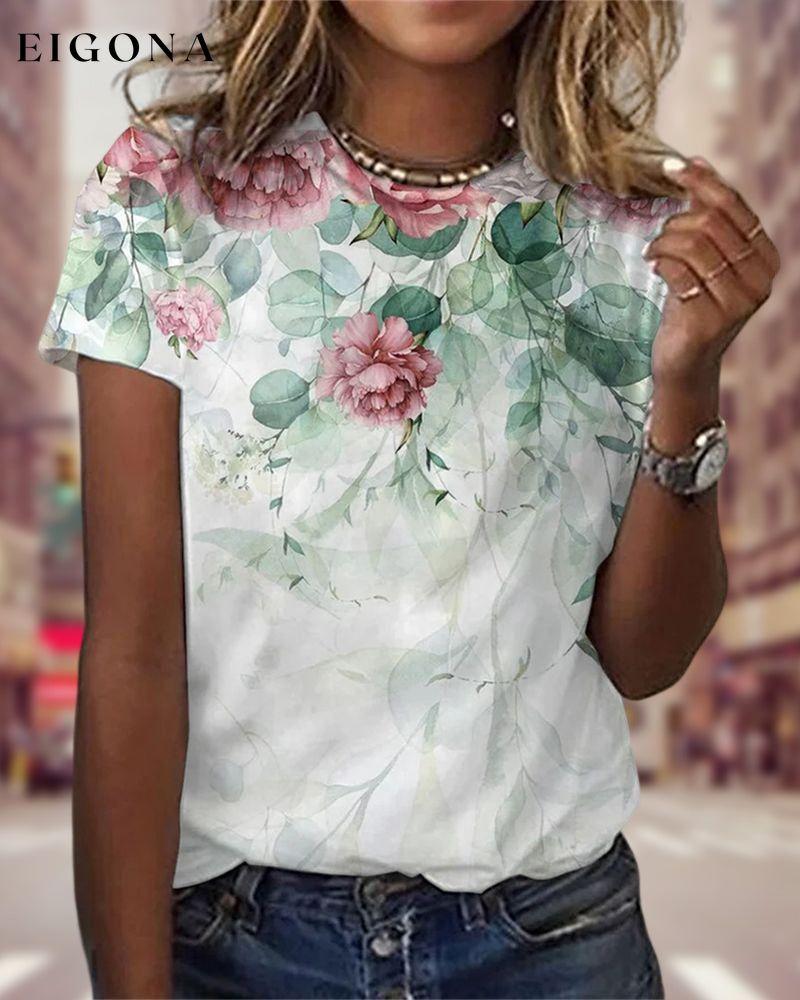 Floral Print T-shirt with Short Sleeves Green 23BF clothes Short Sleeve Tops Spring Summer T-shirts Tops/Blouses