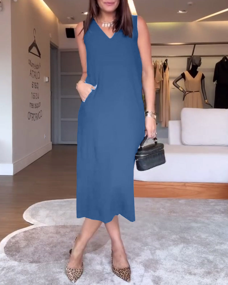 Casual V-neck Sleeveless Solid Color Split Dress
