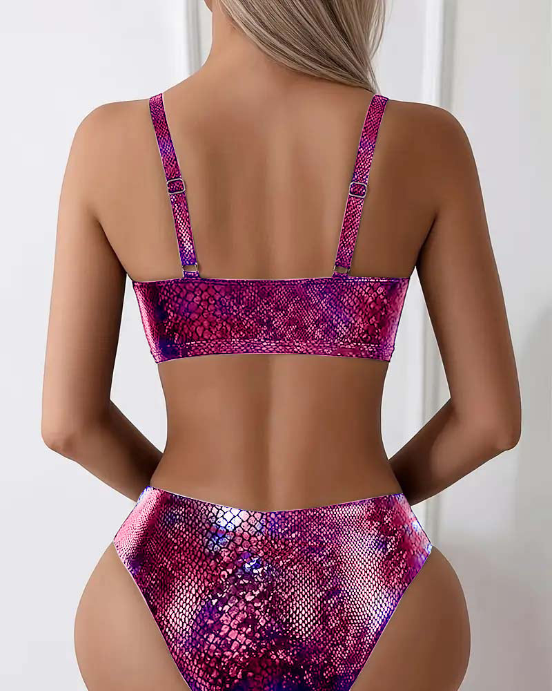 Snake Print Chest Tie High Waist Triangle Bikini