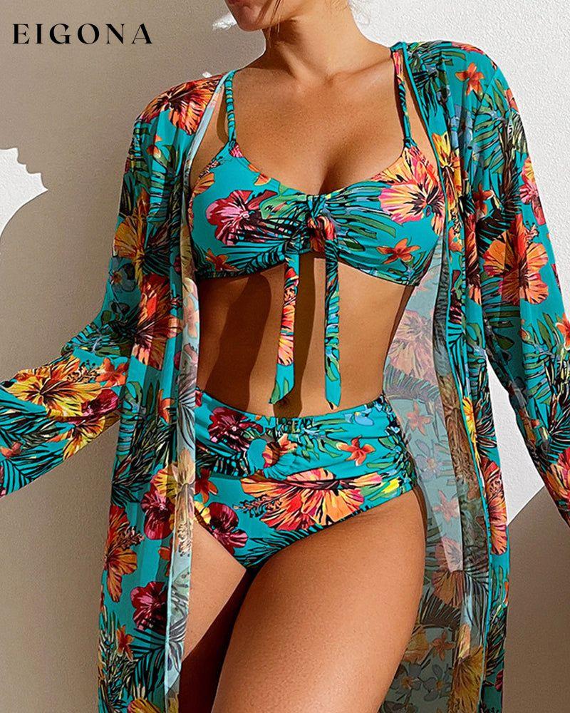 Floral Print Bikinis and Cover Up Blue 23BF Bikinis Clothes Cover-Ups Summer Swimwear
