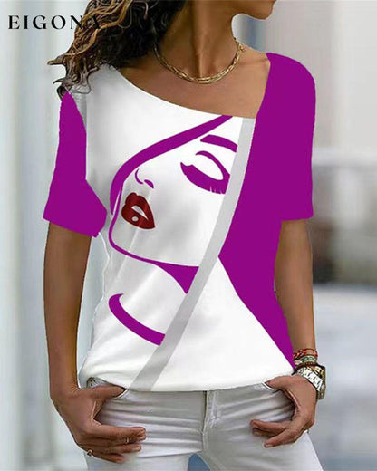 V-neck face print short-sleeved t-shirt Purple 23BF clothes Short Sleeve Tops Spring Summer T-shirts Tops/Blouses