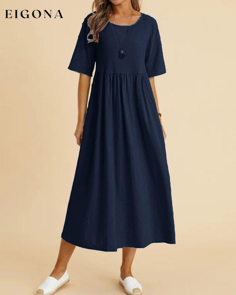 Solid color half sleeve midi dress Datk blue 23BF Casual Dresses Clothes Cotton and Linen Dresses Spring Summer