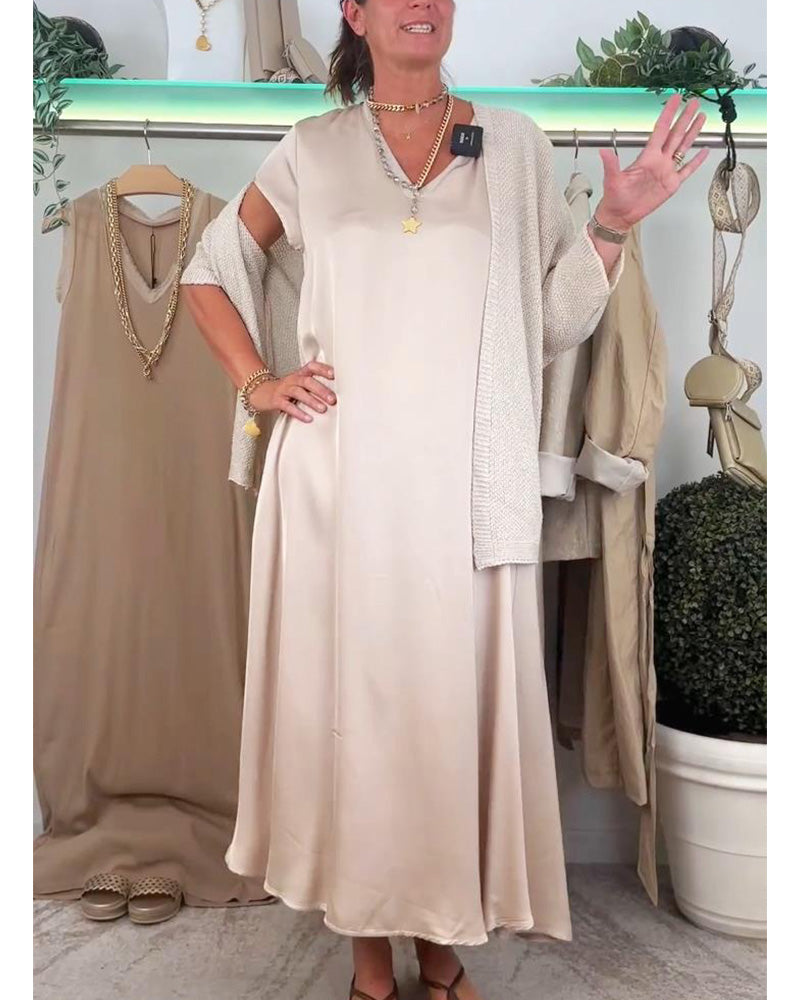 Casual solid color V-neck pocket dress