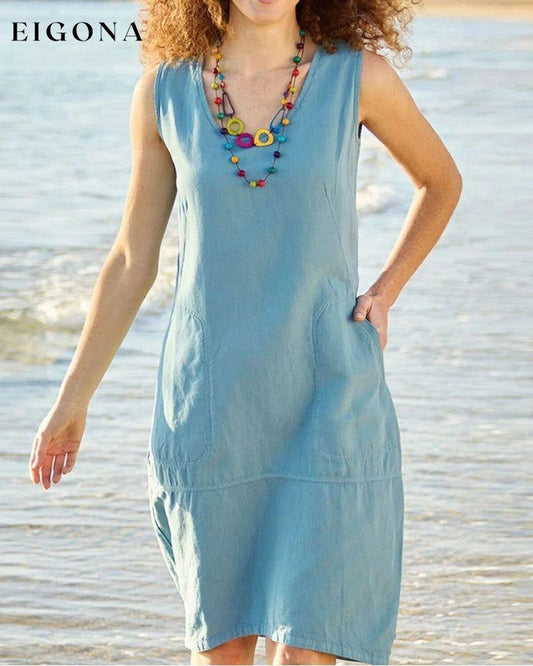 U-neck sleeveless pocket dress Sky blue 23BF Casual Dresses Clothes Dresses Summer