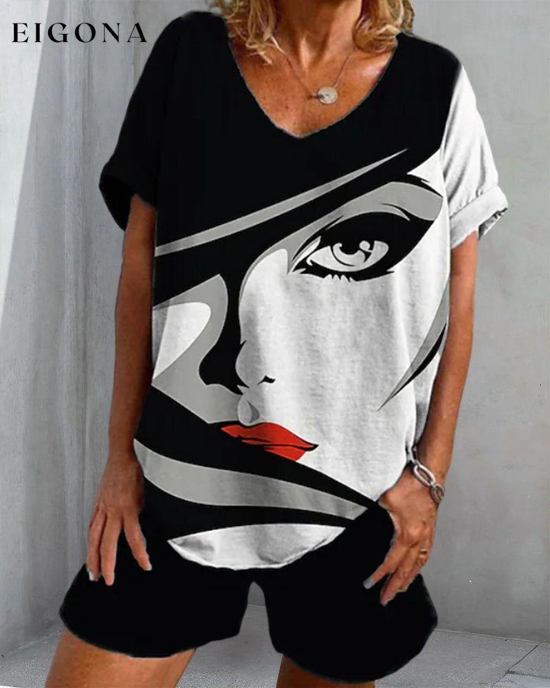 Short Sleeve Set in Figure Print 23BF clothes Short Sleeve Tops T-shirts Tops/Blouses Two-piece sets