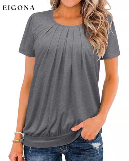 Round neck plain pleated short sleeve t-shirt Gray 23BF clothes Short Sleeve Tops Summer T-shirts Tops/Blouses