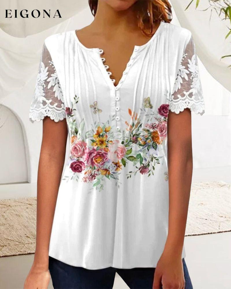 Floral Print Lace T-shirt with Short Sleeves 23BF clothes Short Sleeve Tops Spring Summer T-shirts Tops/Blouses