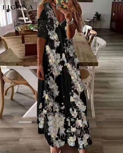 Floral Print Dress with Short Lace Sleeves Black 23BF Casual Dresses Clothes Dresses Spring Summer Vacation Dresses