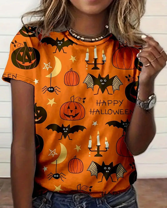 Womens Halloween Graphic Print Crew Neck Short Sleeve T-Shirt halloween summer t-shirts