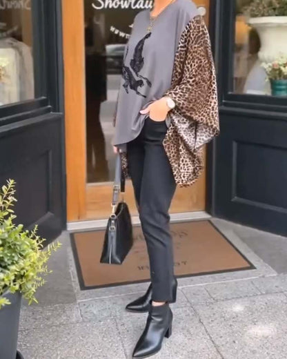 Cheetah Print Patchwork-Sleeve Top