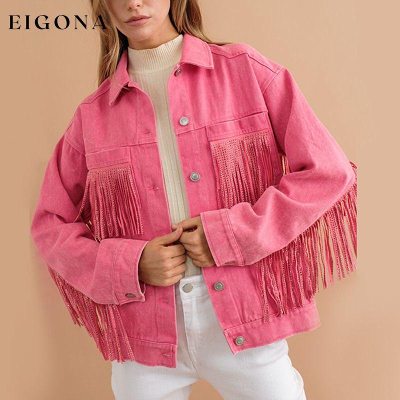 Fringe Detail Dropped Shoulder Denim Jacket Strawberry clothes DE.O.Z.X Ship From Overseas Shipping Delay 09/29/2023 - 10/06/2023 trend