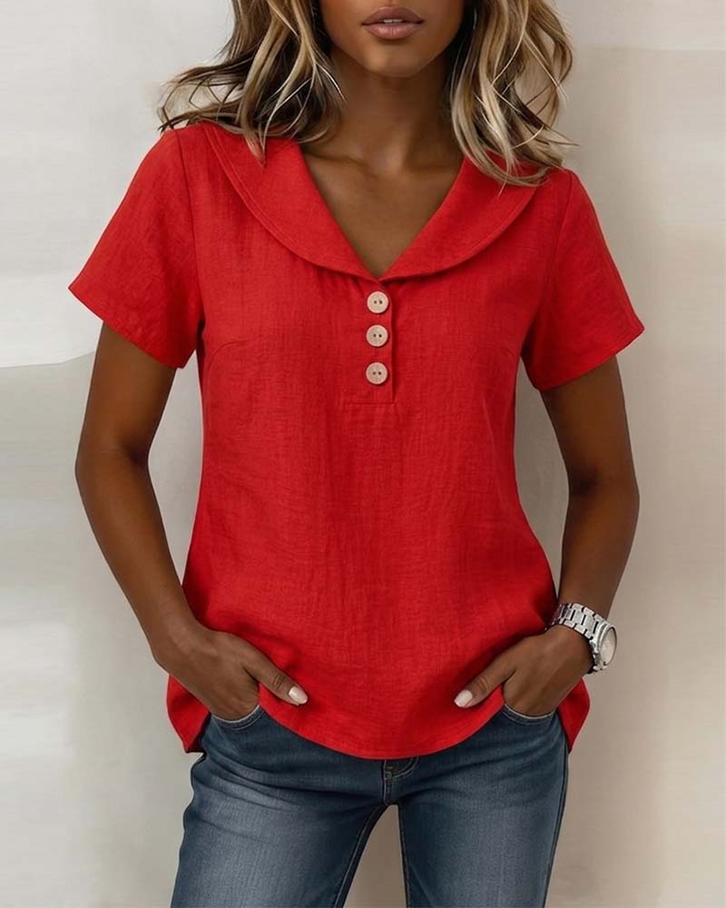 V Neck Peter Pan Collar Button Short Sleeve T-shirt