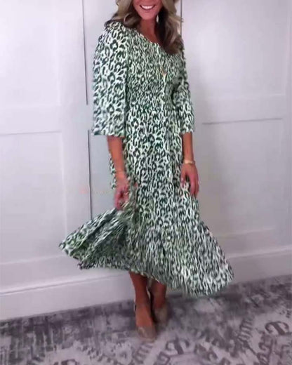 Elegant printed pleated 3/4 sleeve dress casual dresses spring summer