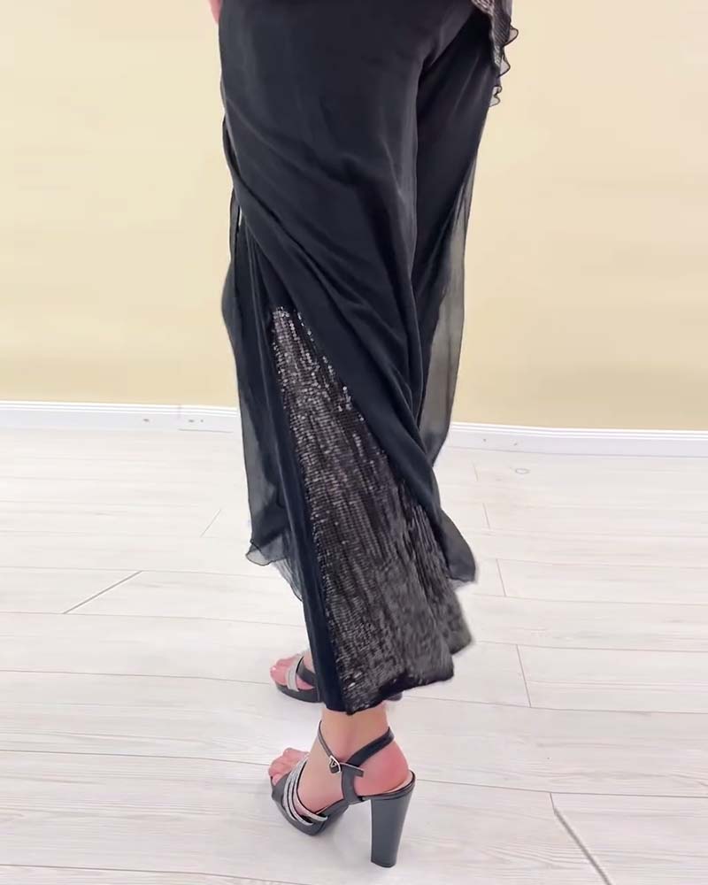 Long-Sleeved Sequined Solid Color Suit