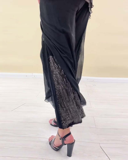 Long-Sleeved Sequined Solid Color Suit