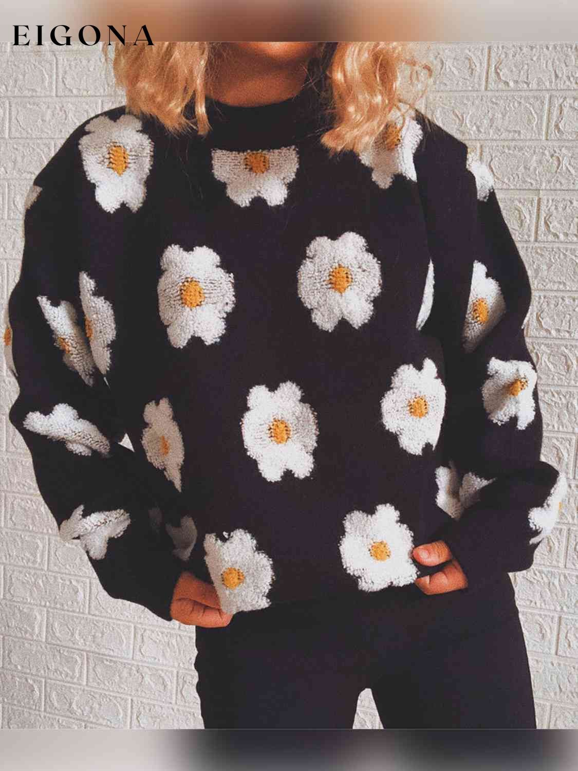 Flower Round Neck Long Sleeve Sweater Black clothes S.X Ship From Overseas