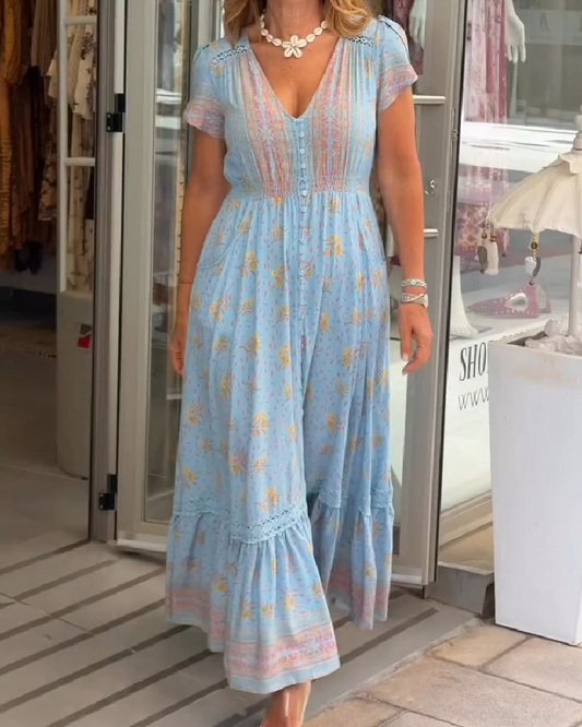 Floral Long Waist-Defined Dress