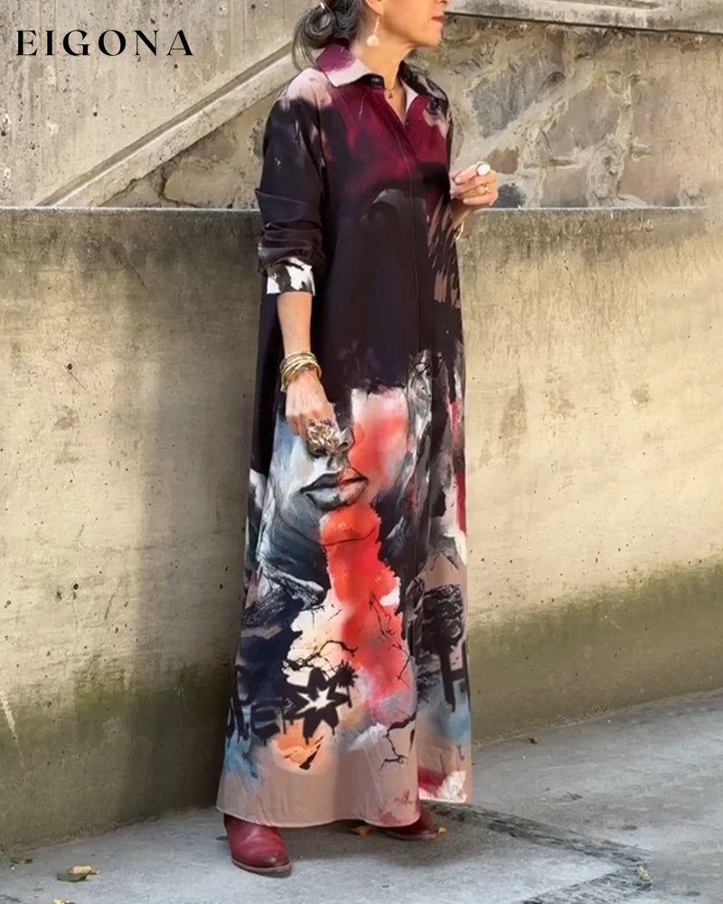 Graffiti print lapel casual long dress casual dresses spring summer