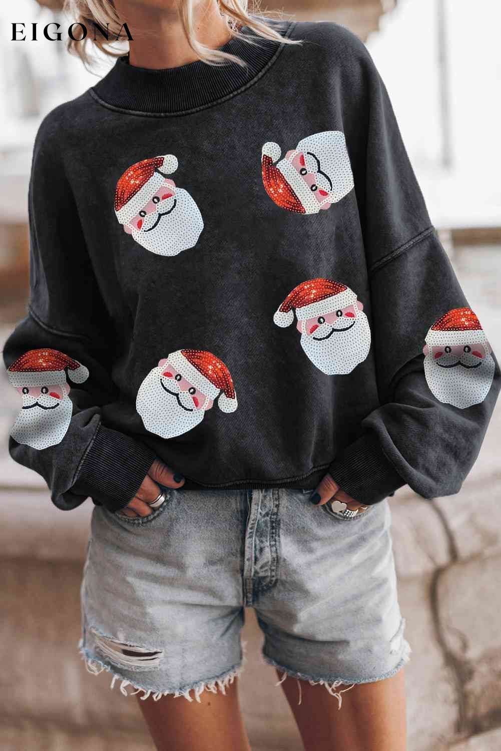 Sequin Santa Patch Round Neck Sweatshirt Black clothes Ship From Overseas SYNZ