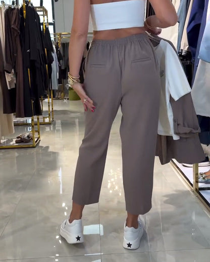 Solid-Color High-Waisted Drawstring Casual Pants