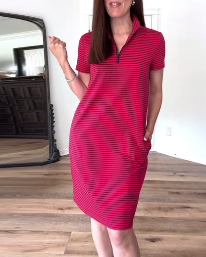 Lässiges gestreiftes Kleid mit V-Ausschnitt