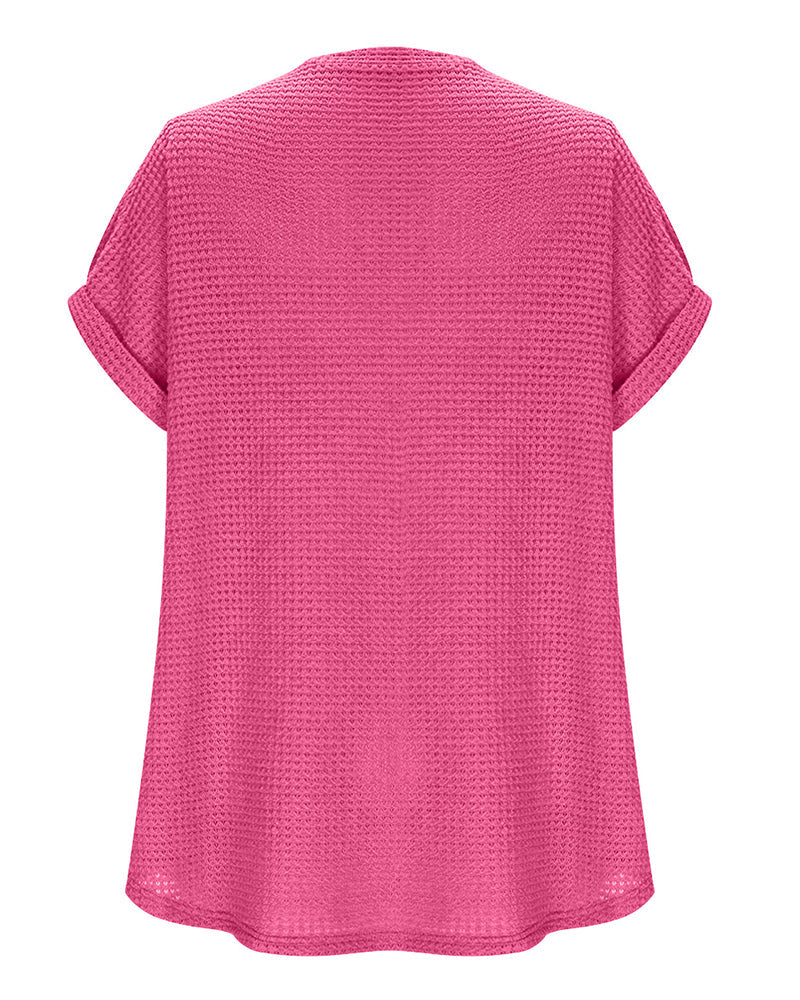 Women's Waffle Knit V-Neck Casual Summer T-shirt