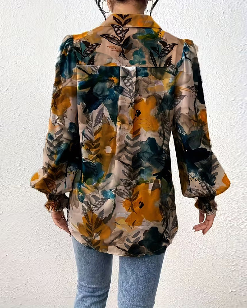 Smocked Long Sleeve Printed Blouse