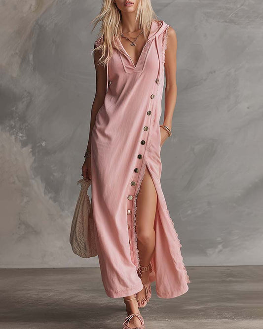 Multi-Buckle Hooded Sleeveless Dress