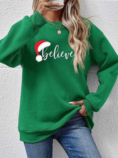 BELIEVE Graphic Long Sleeve Holiday Christmas Sweatshirt Green Changeable christmas sweater clothes Ship From Overseas