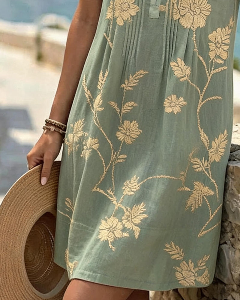 Round Neck Sleeveless Button Pleated Print Dress casual dresses spring summer