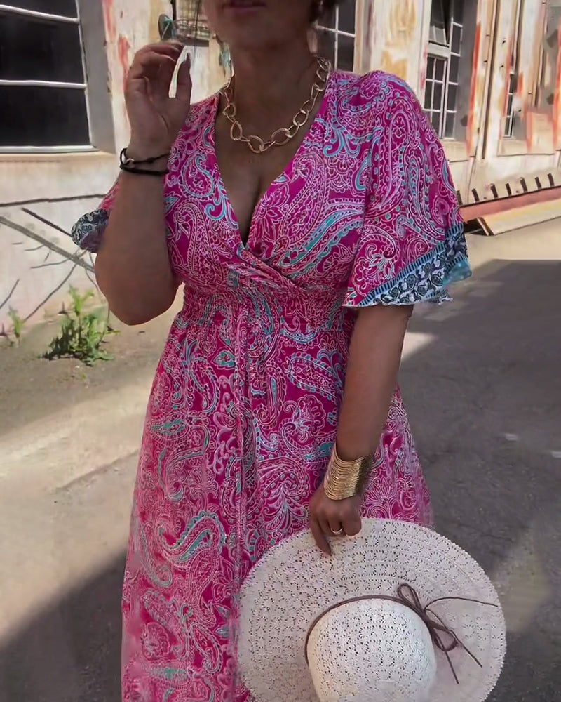 V-Neck Printed Waist Dress