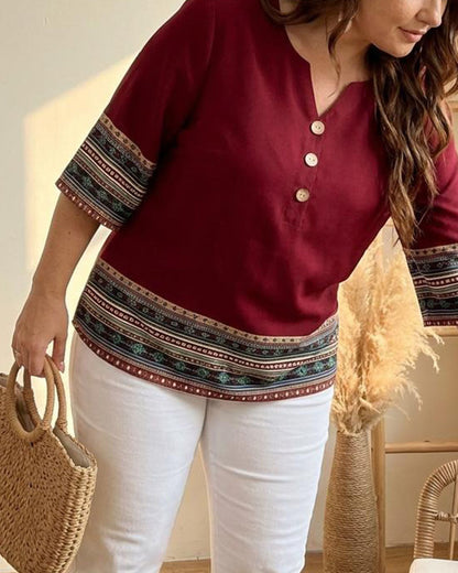 Ethnic-Style Striped Three-Quarter Sleeve Blouse