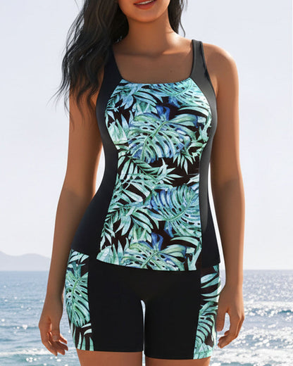 Palm Leaf Print Boyshort Tankini