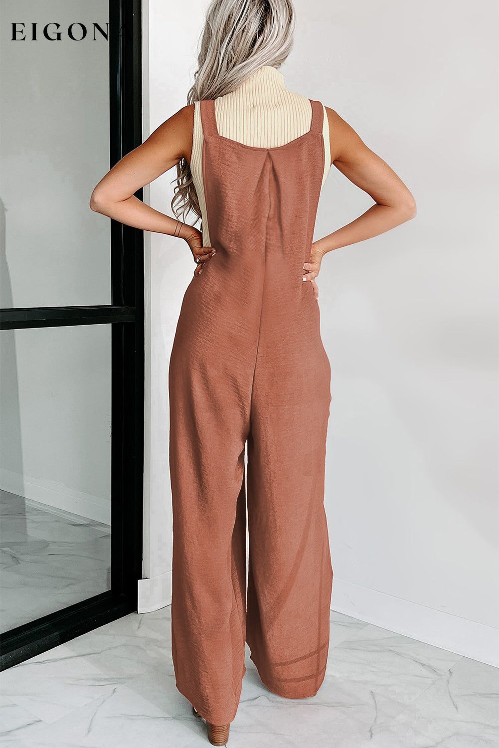 Gold Flame Textured Buttoned Straps Ruched Wide Leg Jumpsuit clothes JUMPSUITS & ROMPERS Rompers