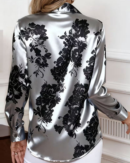Lapel Color-Block Draped Long-Sleeve Blouse