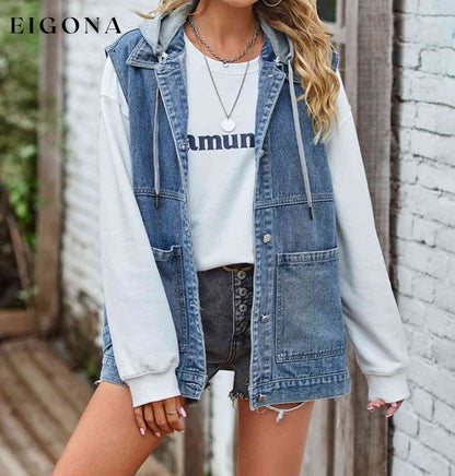 Button Up Sleeveless Denim Jacket with Pockets Medium clothes Manny Ship From Overseas