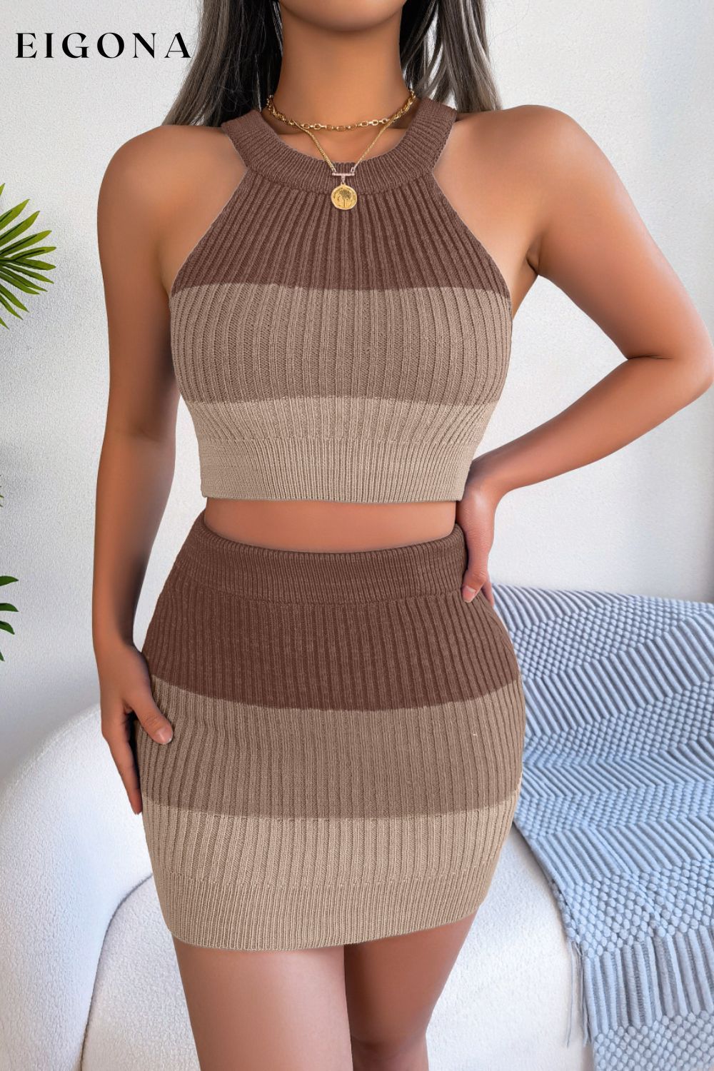 Color Block Sleeveless Crop Knit Top and Skirt Set Camel B.J.S bottoms clothes crop top croptop sets Ship From Overseas skirts trend