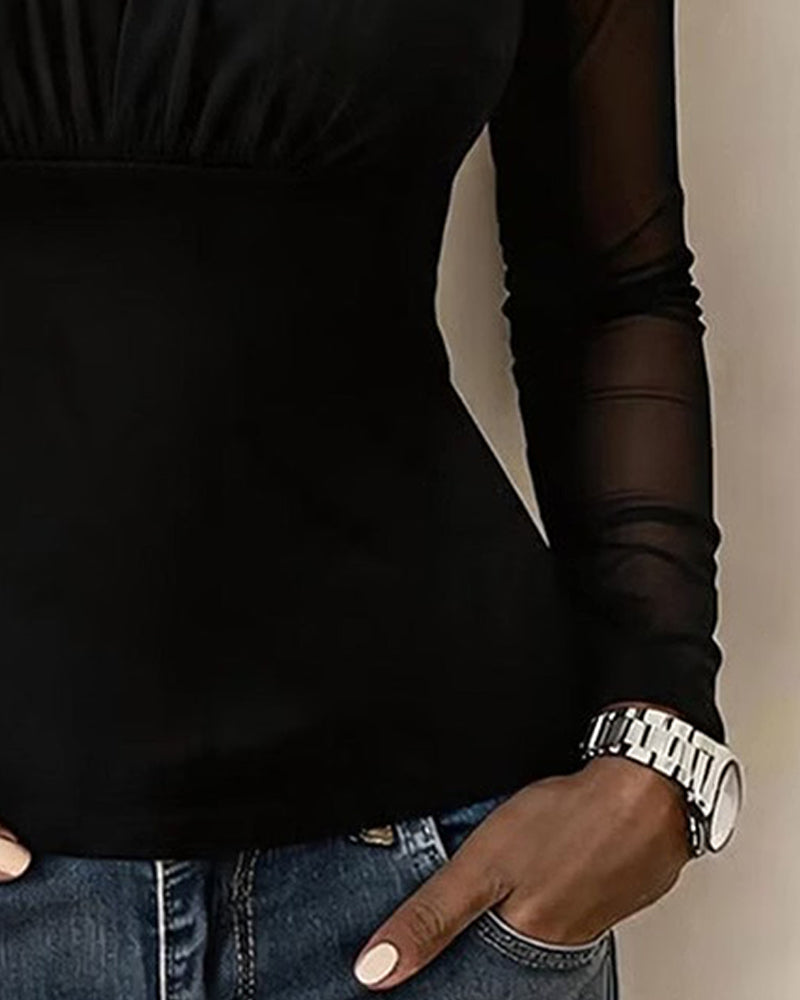 V-Neck Pleated Long-Sleeved Slim Top 2024f/w blouses & shirts