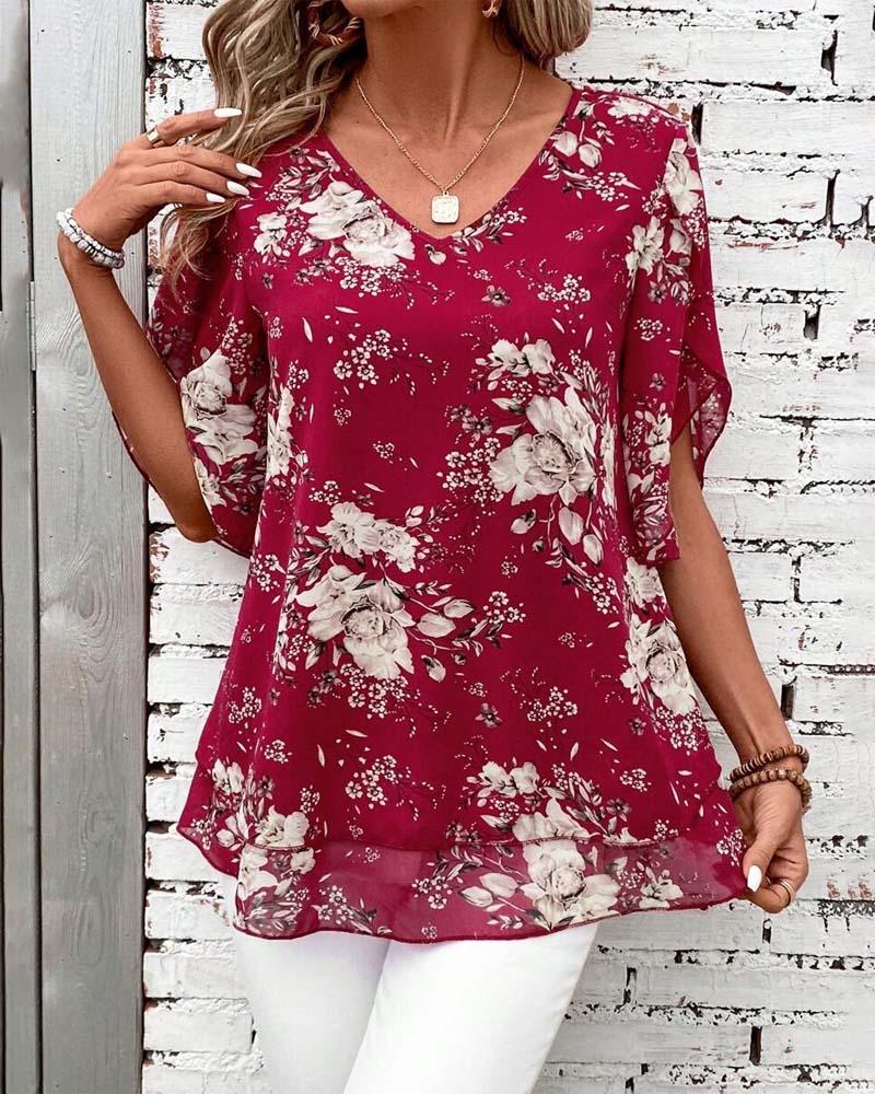 V-Neck Printed Double-Layer Short-Sleeved Blouse