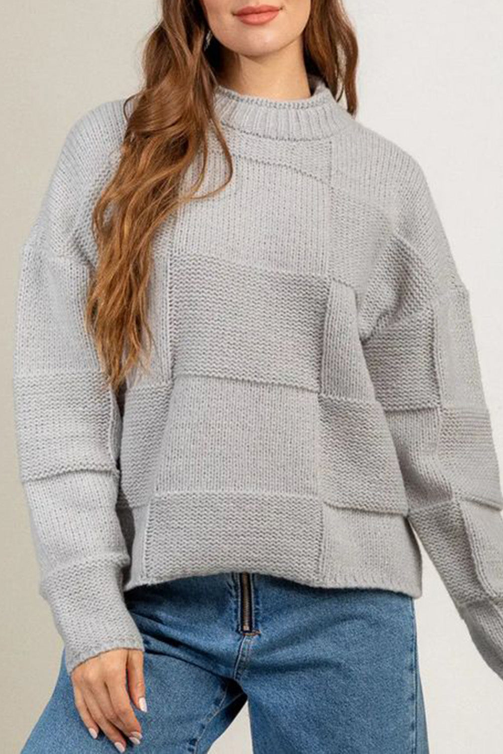 Gray Mock Neck Checkered Textured Sweater Gray 100%Acrylic clothes Sweater sweaters Sweatshirt