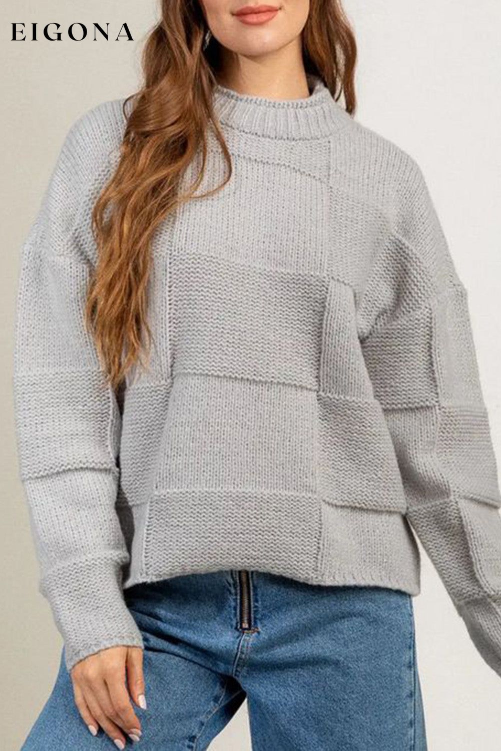 Gray Mock Neck Checkered Textured Sweater Gray 100%Acrylic clothes Sweater sweaters Sweatshirt