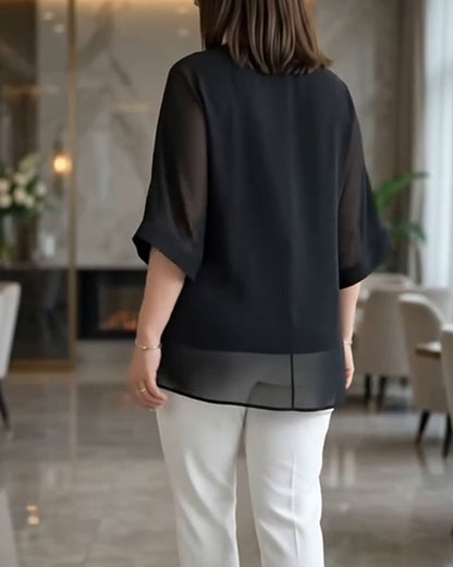 V-Neck See-Through Gauze Loose Blouse
