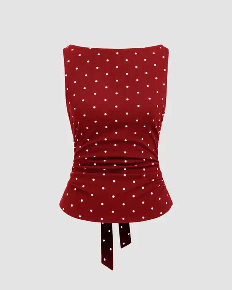 Polka Dot Boat Neck Side Pleat Tank Tops
