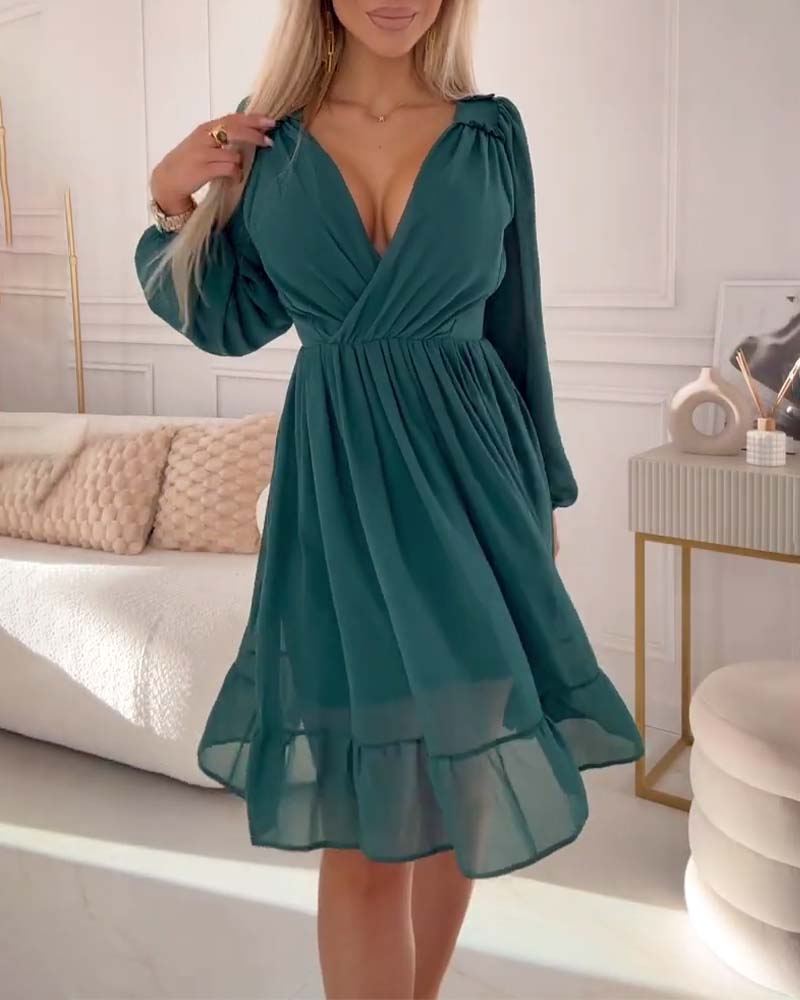 Deep V solid color lantern sleeve elegant dress casual dresses party dresses spring summer