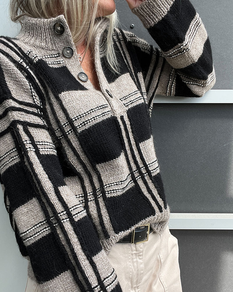 Button Turtleneck Check Color-Block Pullover