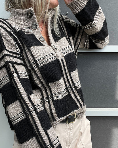 Button Turtleneck Check Color-Block Pullover