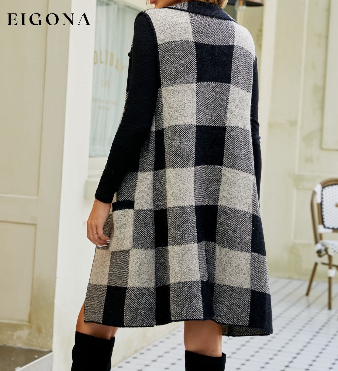 Plaid Lapel Collar Sleeveless Long Cardigan cardigan cardigans clothes Ship From Overseas Yh