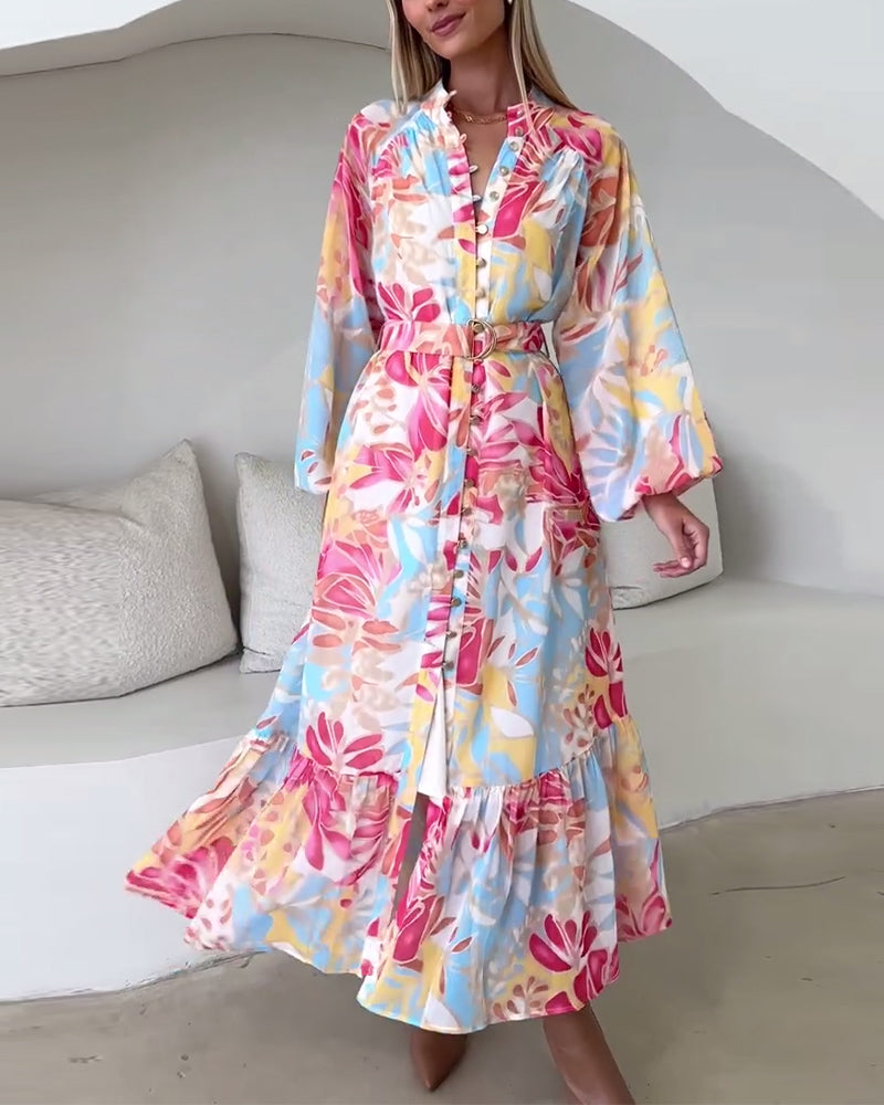 Elegant dress with printed buttons and lantern sleeves casual dresses spring summer